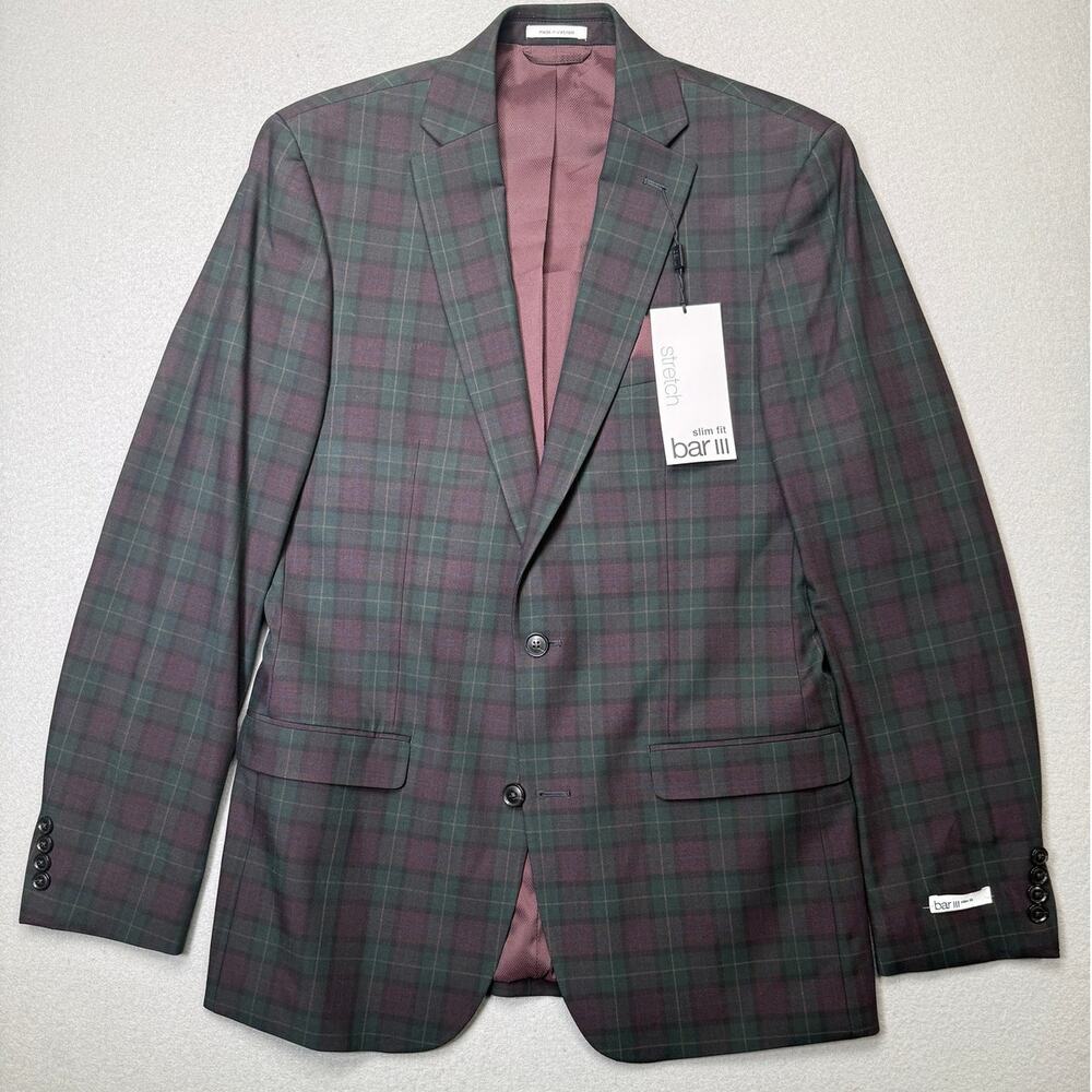 Bar III Men's Slim-Fit Wool Blend Suit Jacket Green/burgundy Plaid 40L $425